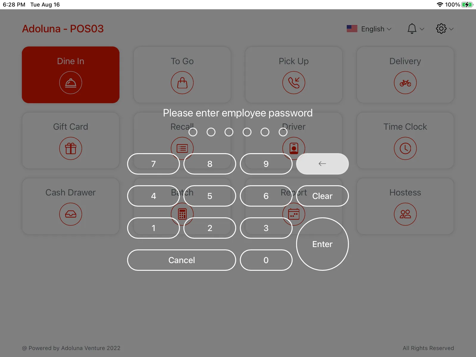 Adoluna POS screen – Log In (Closing Procedures: Clocking Out)