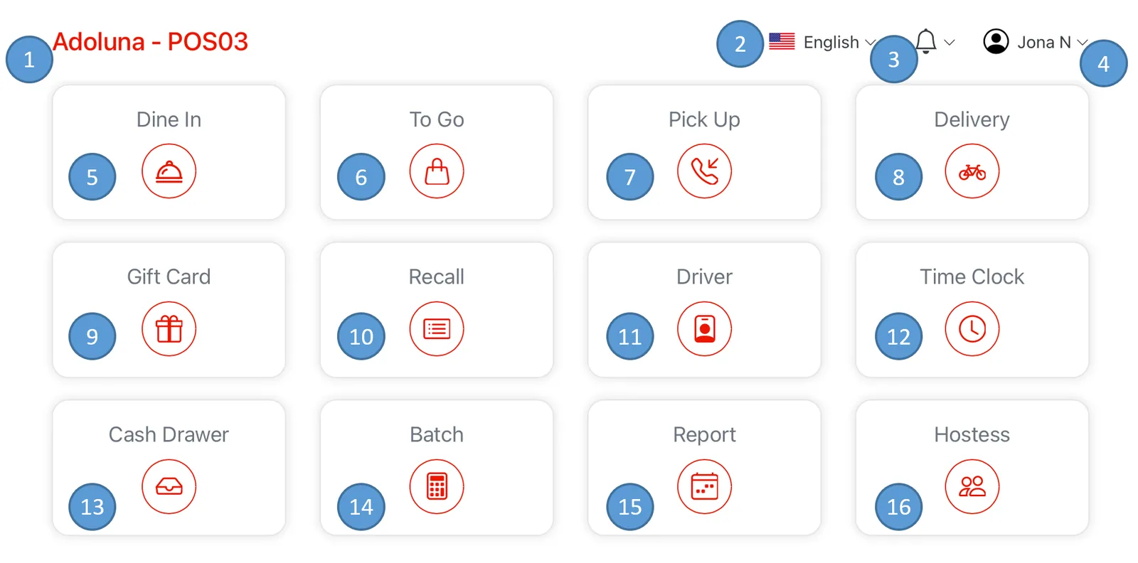 Adoluna POS screen – Main Screen (Home Screen)