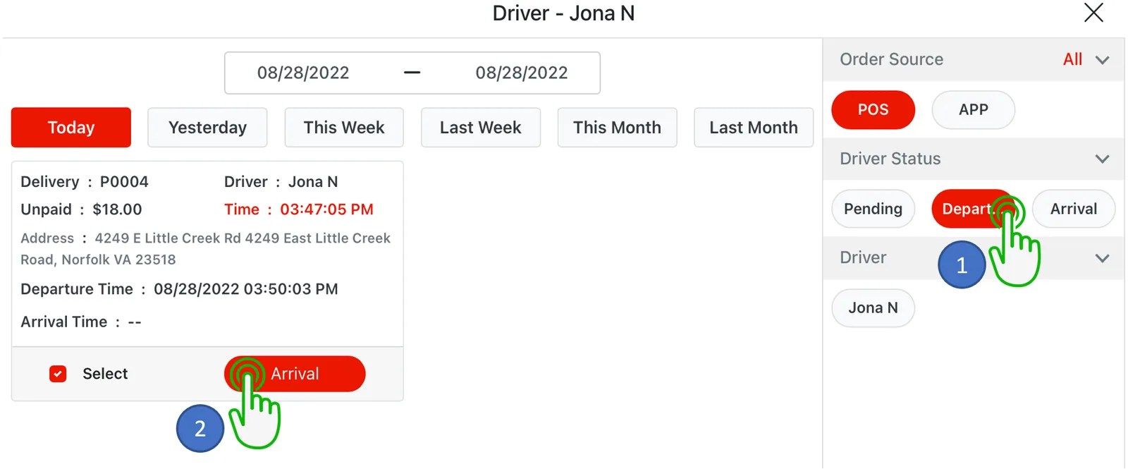 Adoluna POS screen – Assign (Delivery Procedures: Assigning driver)
