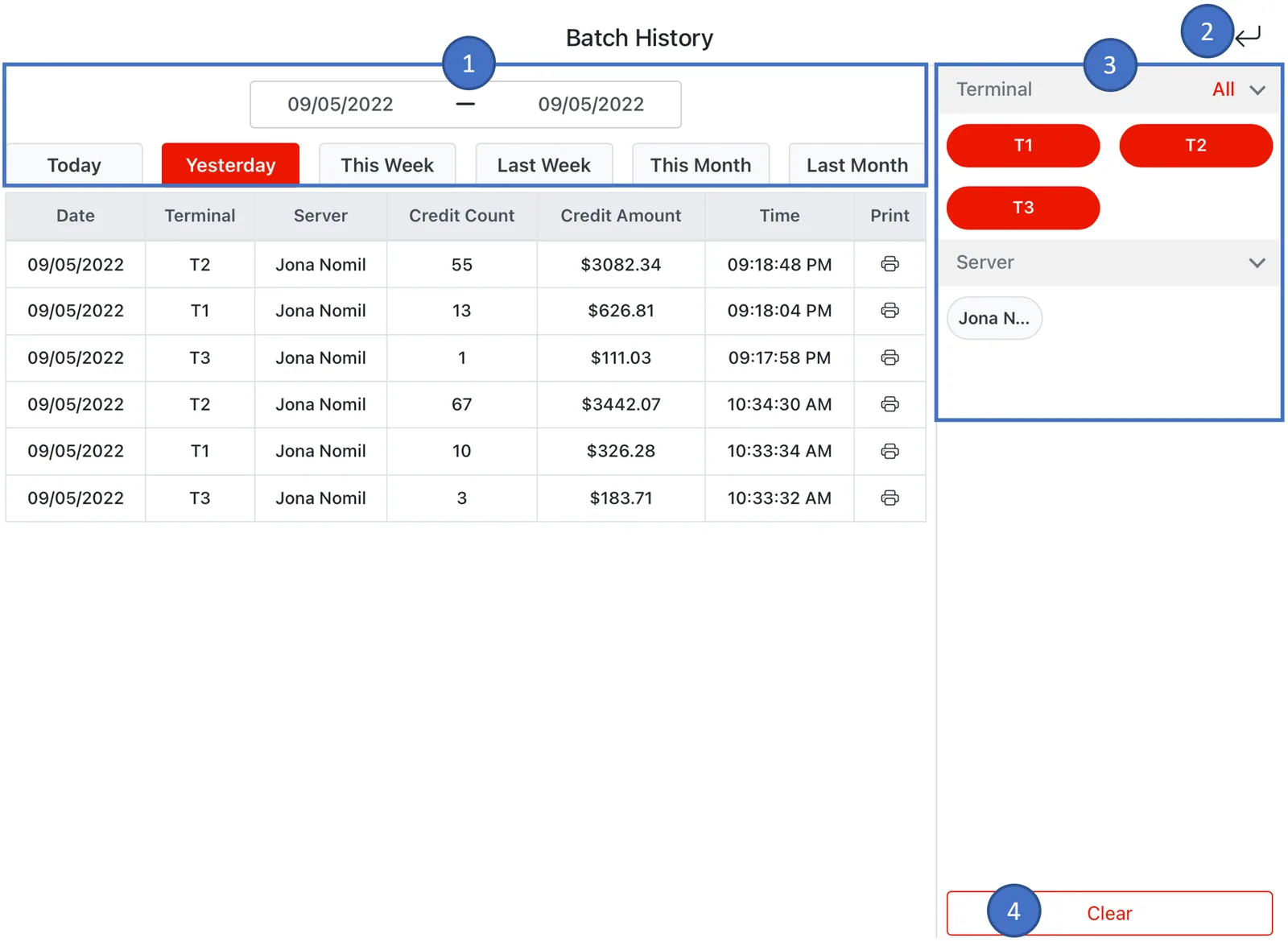 Adoluna POS screen – Batch History (Credit Card Transaction Management: Access Batch History)