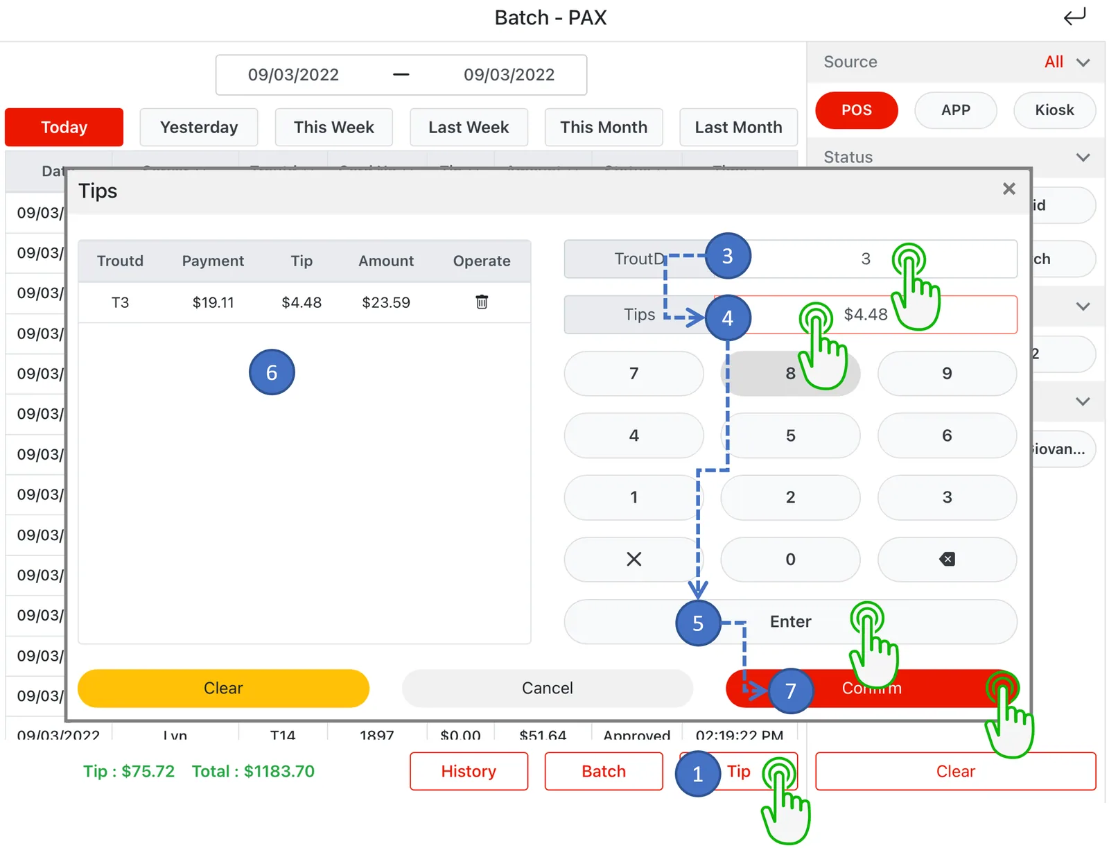 Adoluna POS screen – Batch Tip (Credit Card Transaction Management: Batch input Credit Card Tips Process)