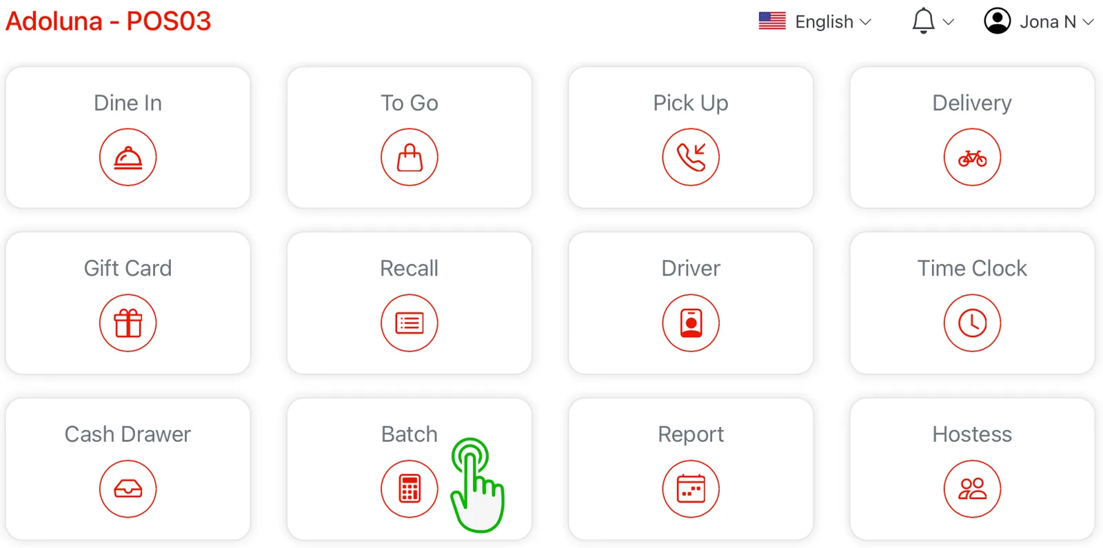 Adoluna POS screen – Batch (Credit Card Transaction Management: Access Credit Card Transaction Management)