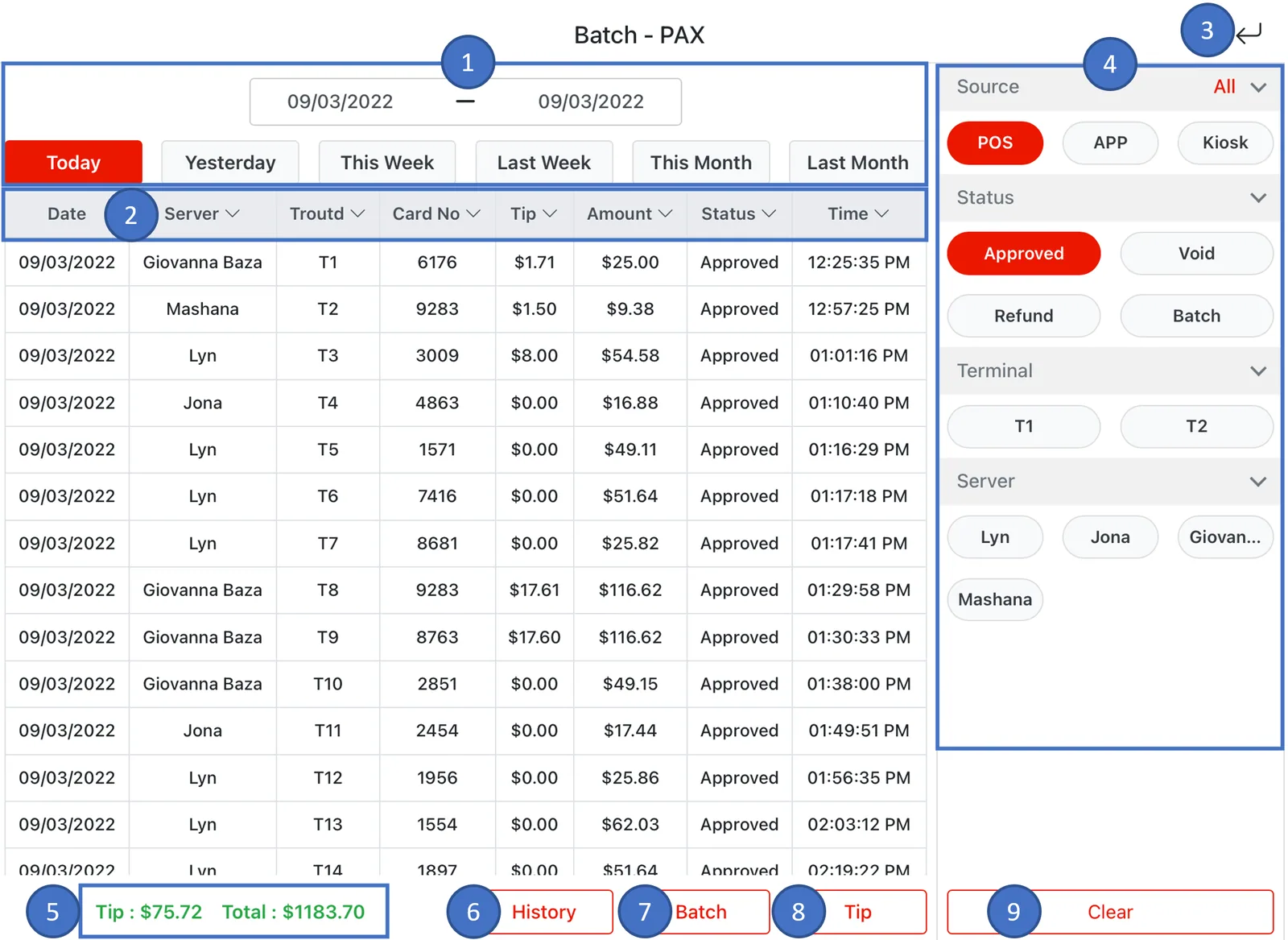 Adoluna POS screen – Batch Screen (Credit Card Transaction Management: Batch Screen Description)