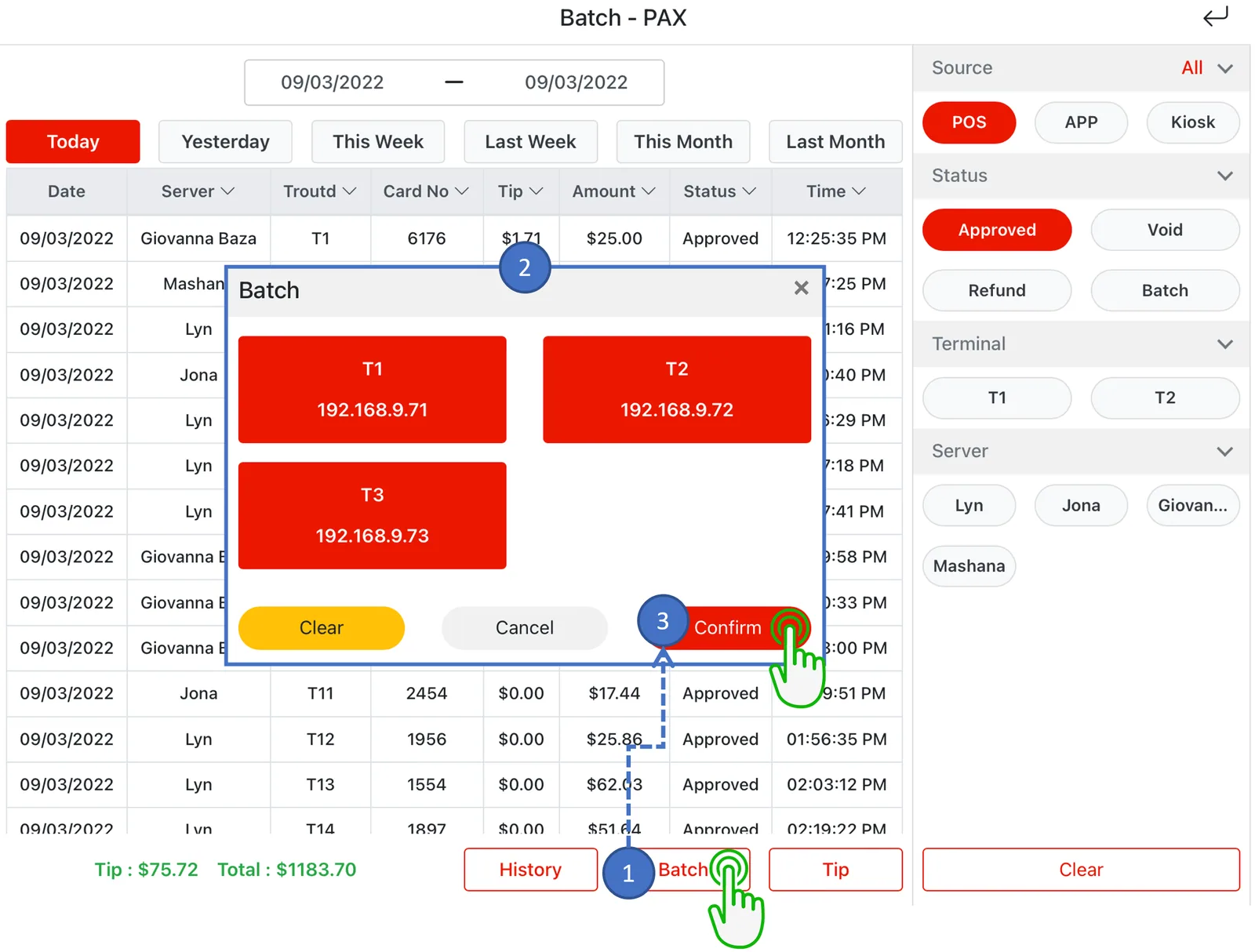 Adoluna POS screen – Batch Close Batch (Credit Card Transaction Management: Close Batch Credit Card Transactions)