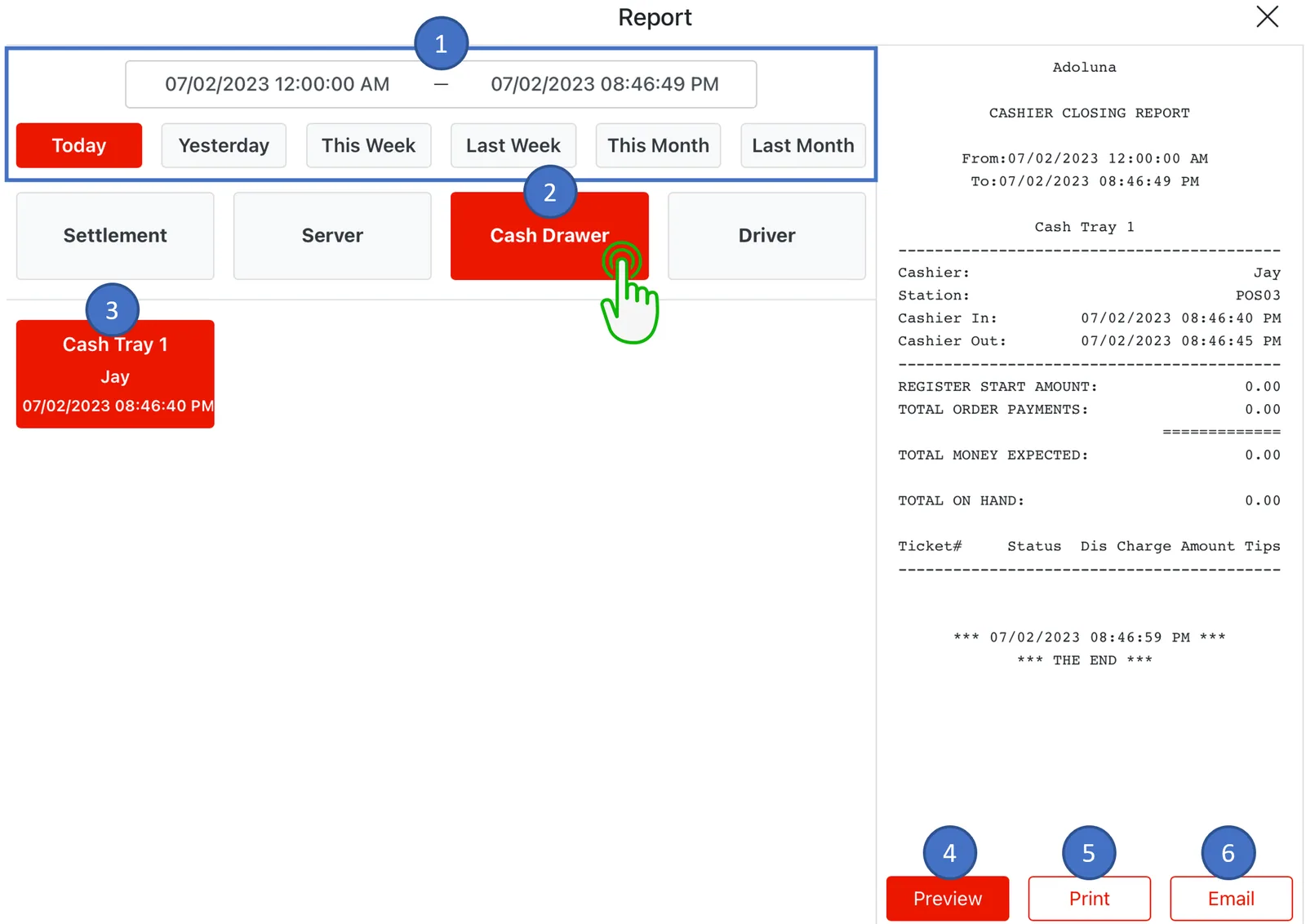 Adoluna POS screen – Cash Drawer Report (Closing Procedures: Cash Drawer Report)