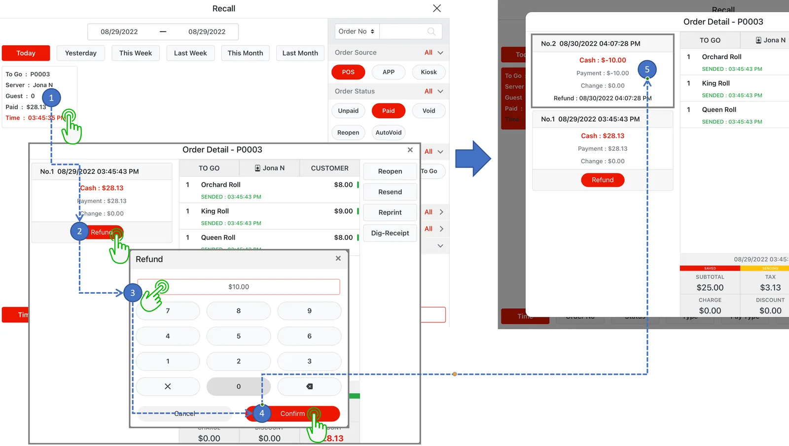 Adoluna POS screen – Cash Refund (Recall Operation: Cash Refund Process)