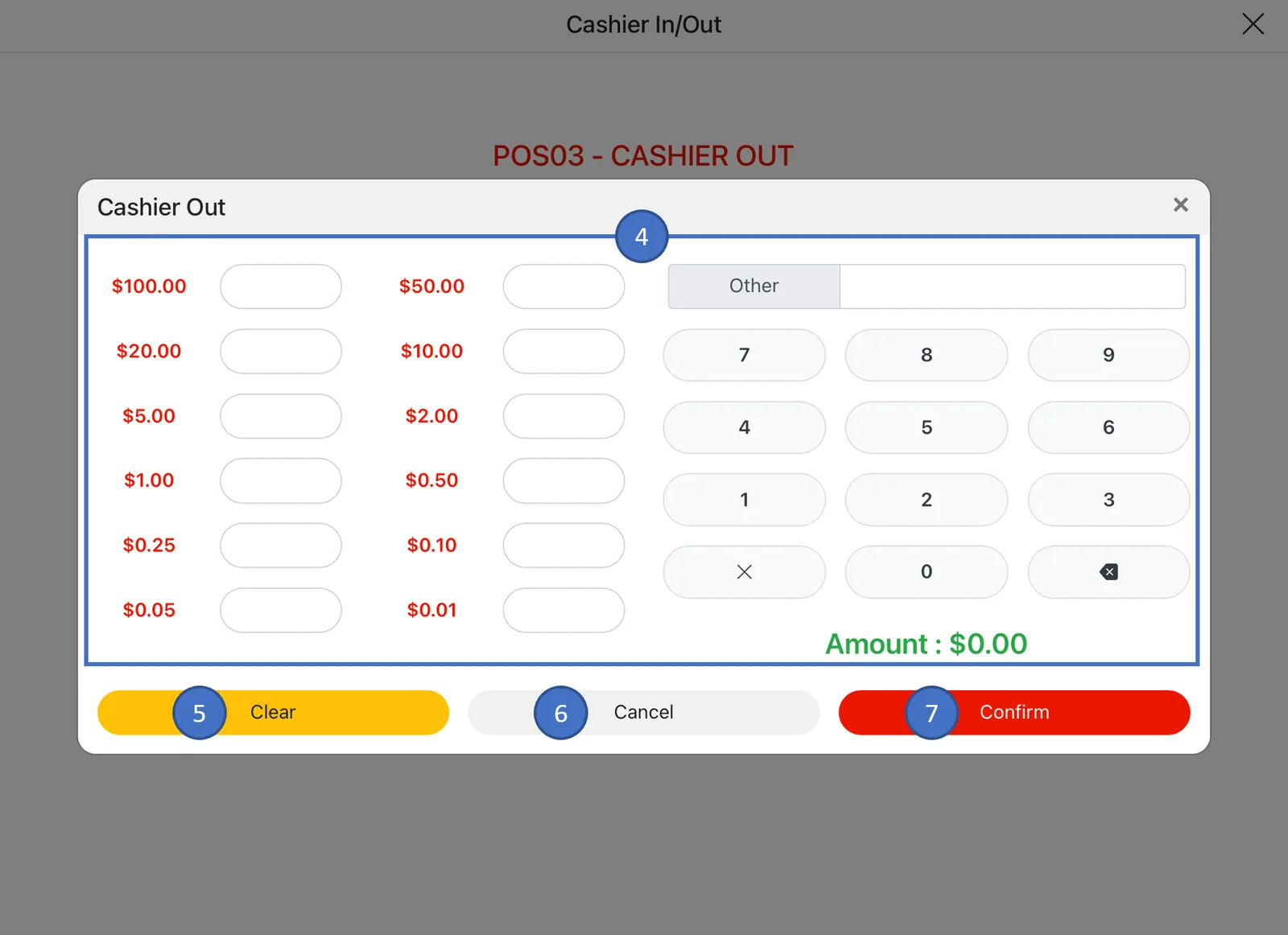 Adoluna POS screen – Cashier Out 3 (Closing Procedures: Cashier Out Process)