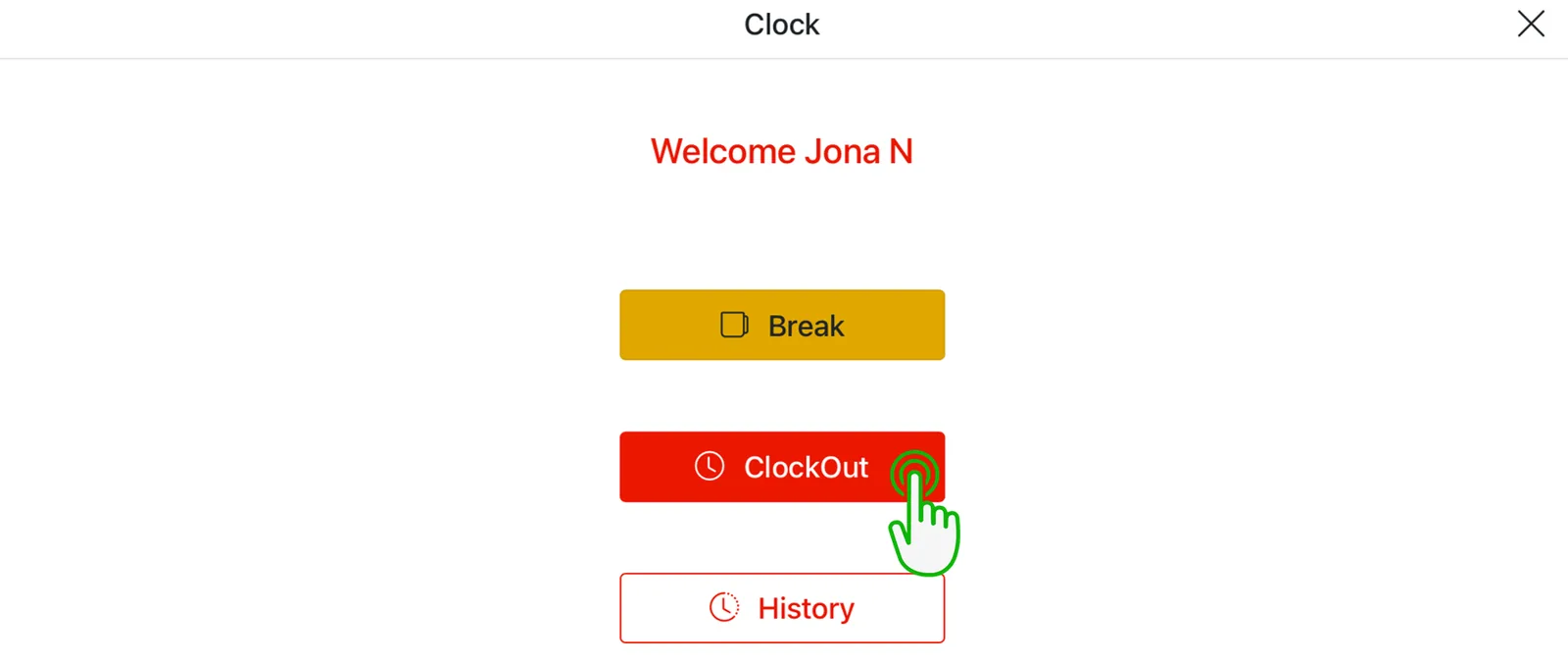 Adoluna POS screen – Clock Out (Closing Procedures: Clocking Out)
