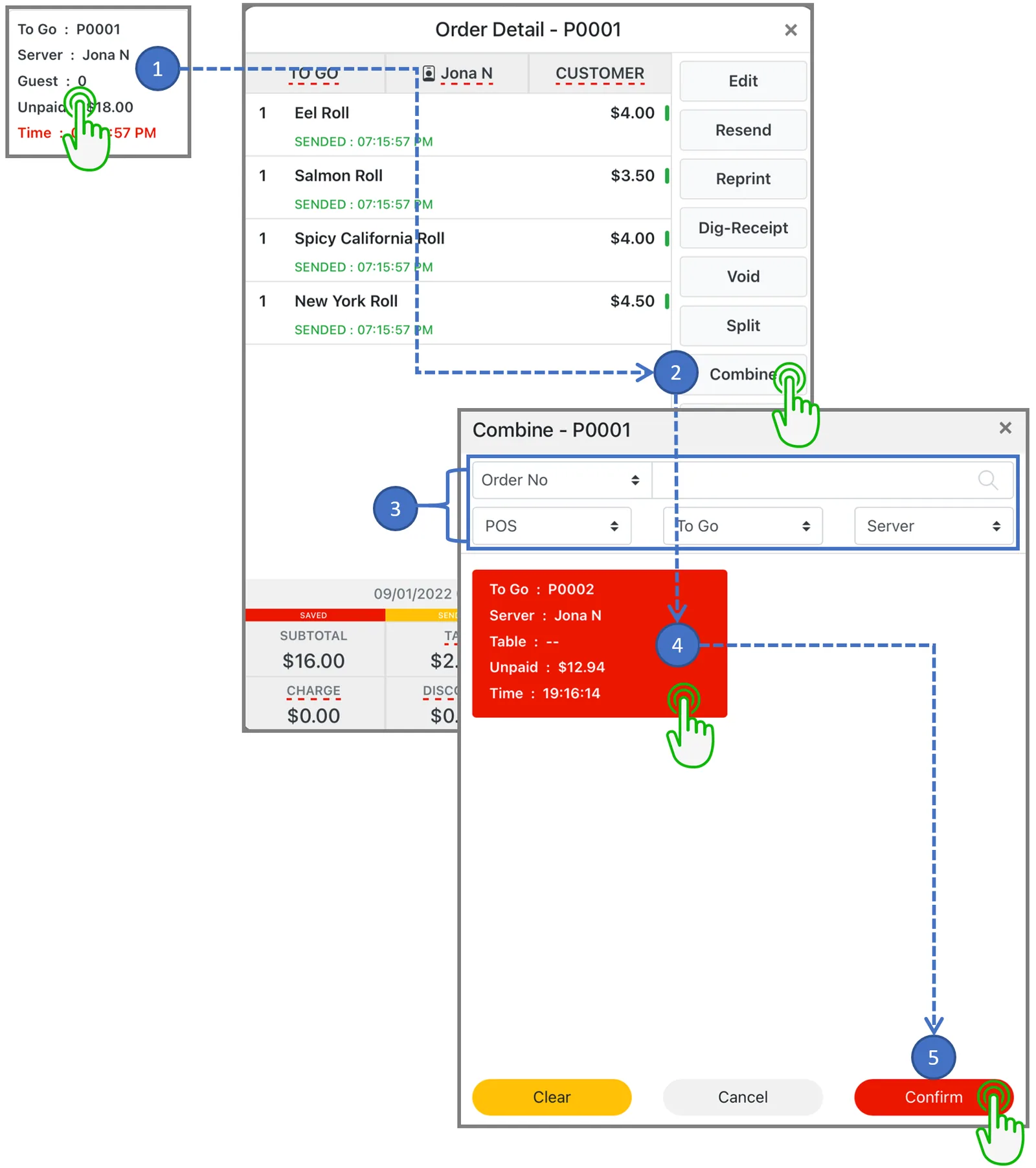 Adoluna POS screen – Combine (Recall Operation: Combining Orders Process)