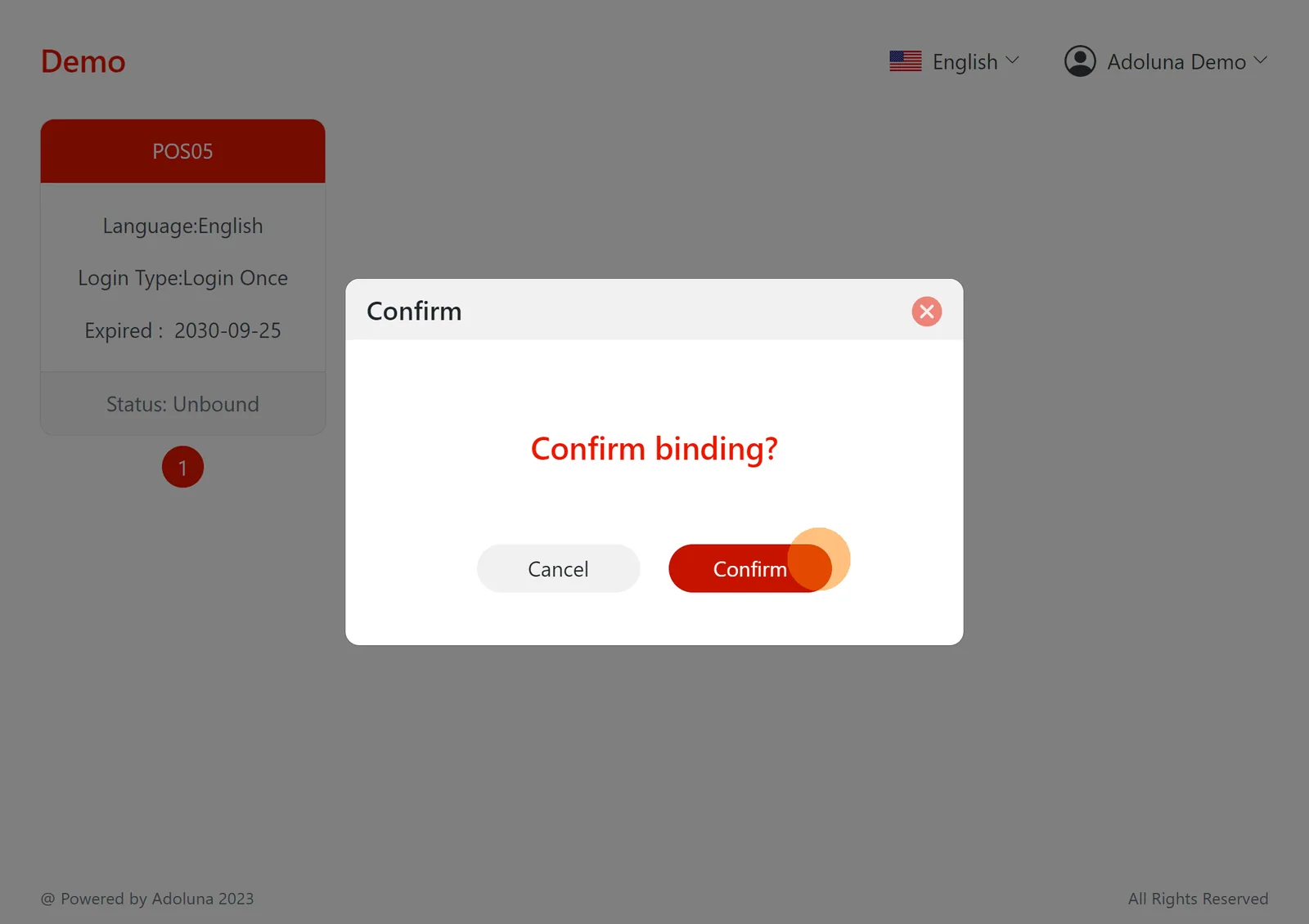 Adoluna POS screen – Confirm (Device Binding)
