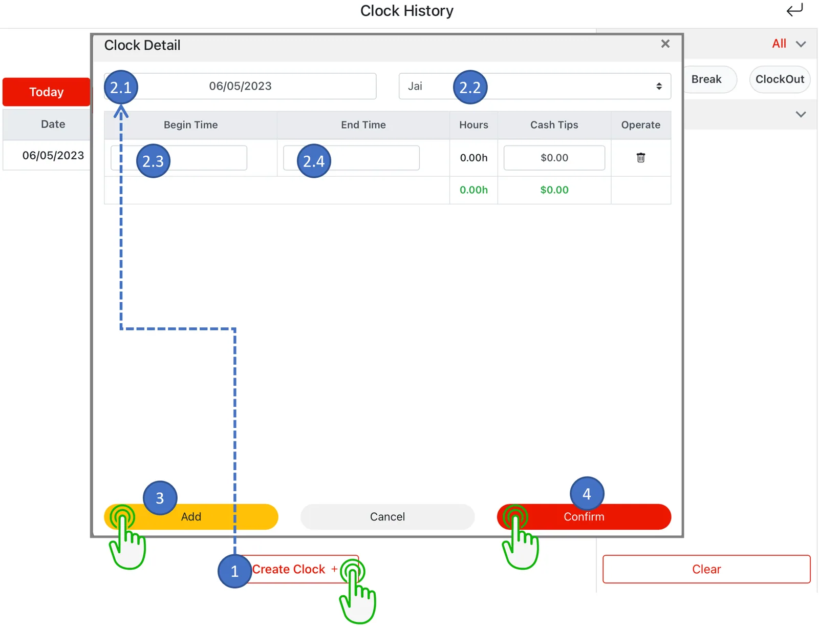 Adoluna POS screen – Create Time Card (Manage Time Cards: Creating Time Card)