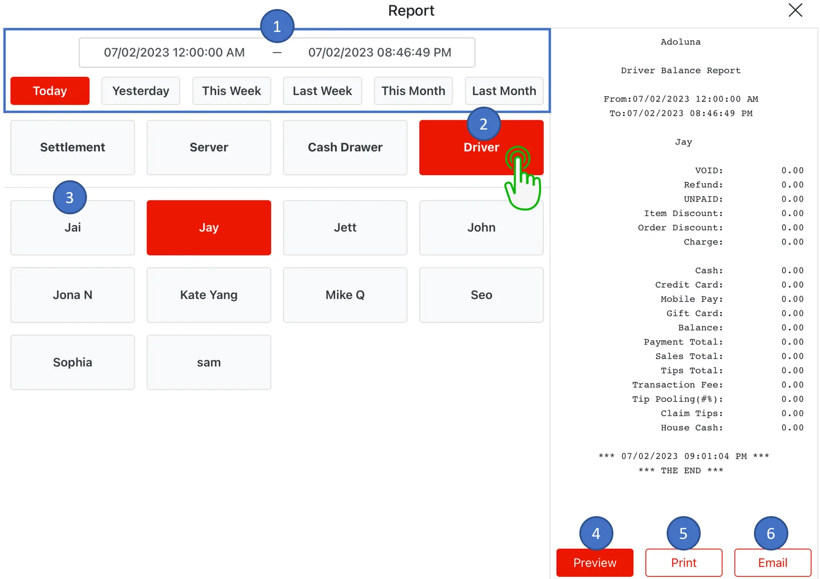 Adoluna POS screen – Driver Report (Closing Procedures: Driver Report)