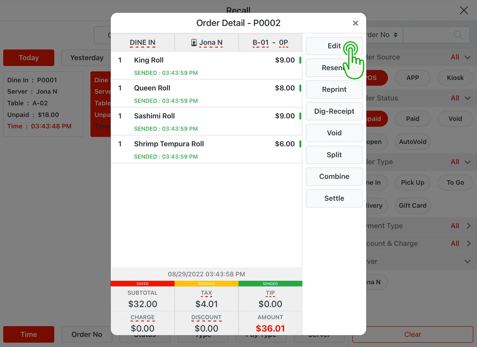 Adoluna POS screen – Edit (Recall Operation: Editing or Voiding Menu Items)