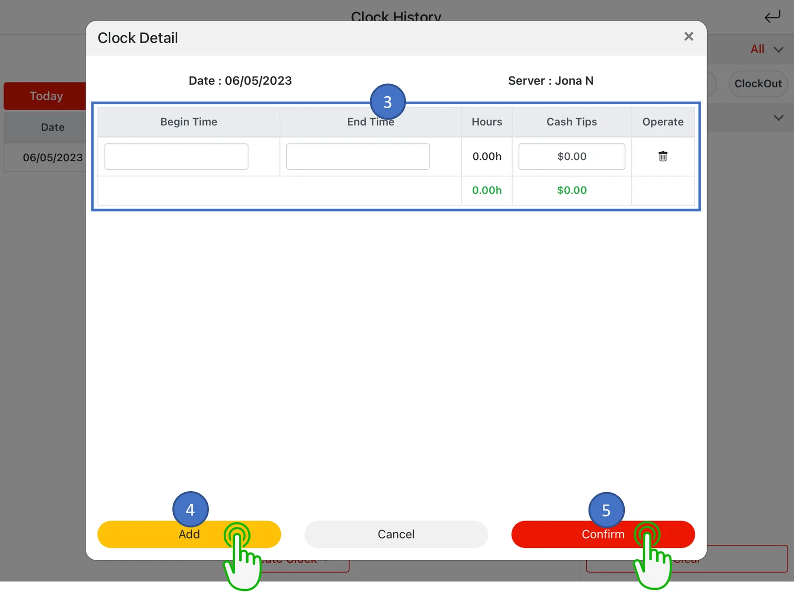 Adoluna POS screen – Edit Time Card 2 (Manage Time Cards: Editing Time Card)