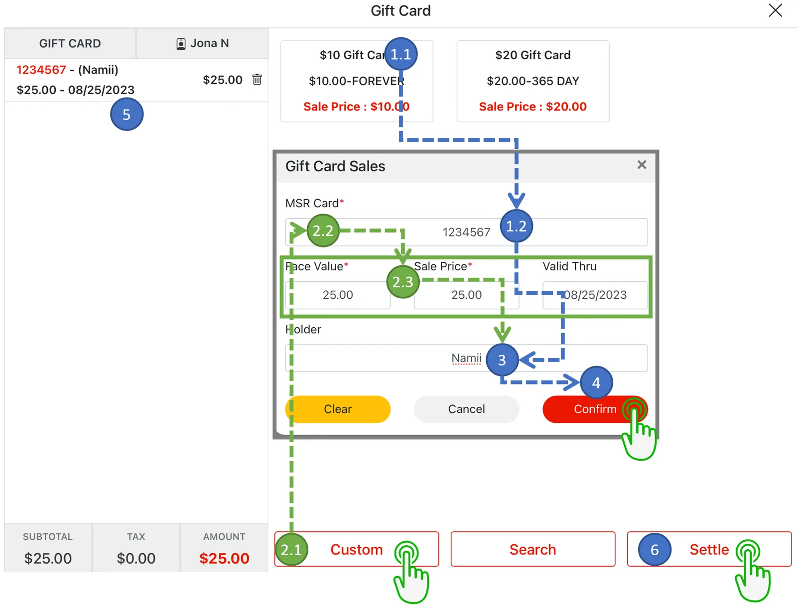 Adoluna POS screen – Gift Card Register (Selling & Reloading Gift Cards (POS): Registration Process)