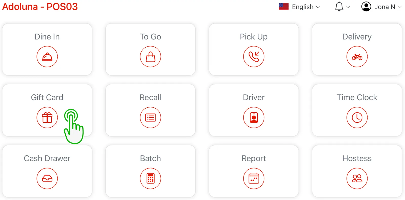 Adoluna POS screen – Gift Card (Selling & Reloading Gift Cards (POS))