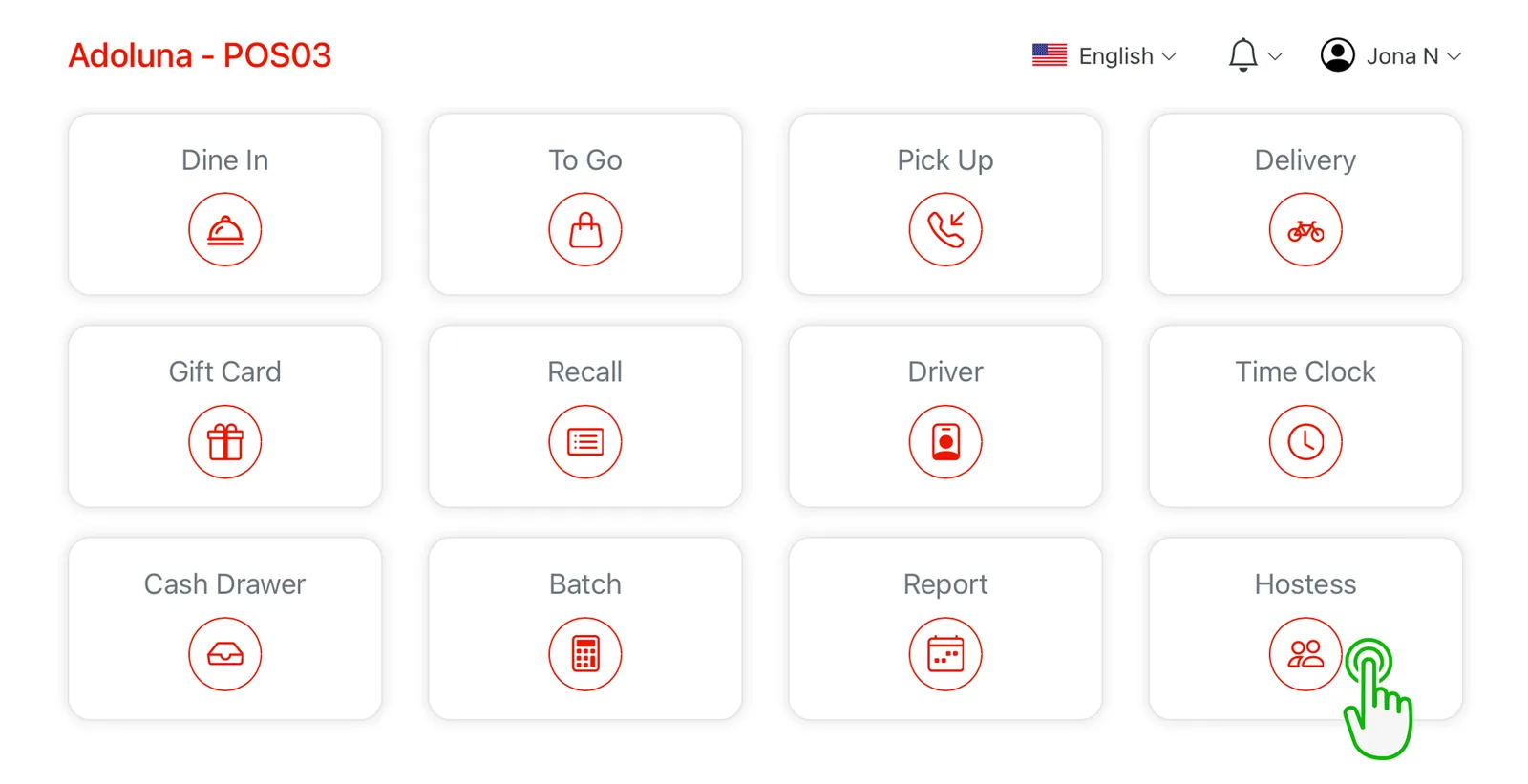 Adoluna POS screen – Host 1 (Hostess (Table Status))