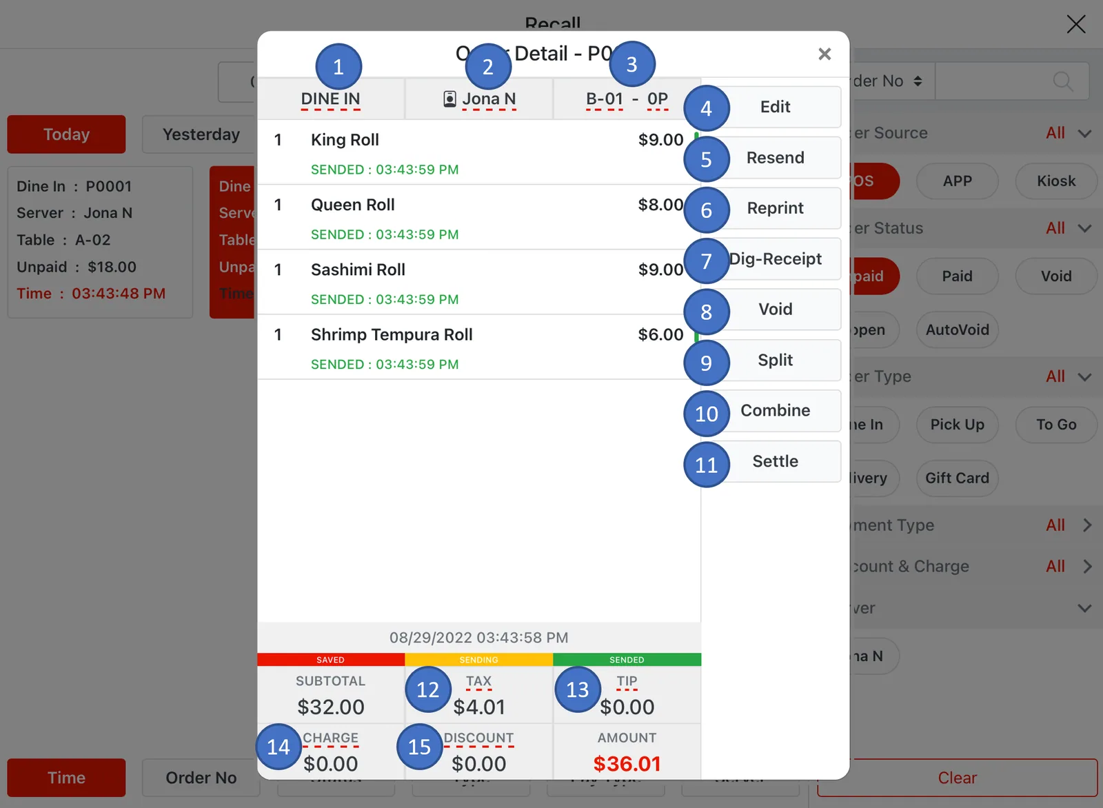 Adoluna POS screen – Order Detail (Recall Operation: Order Detail Window)