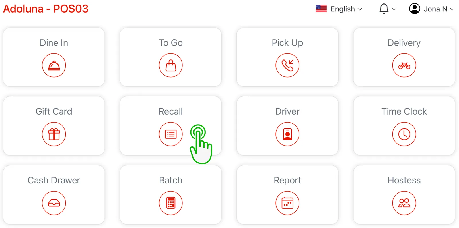 Adoluna POS screen – Recall (Recall Operation: Access Recall)
