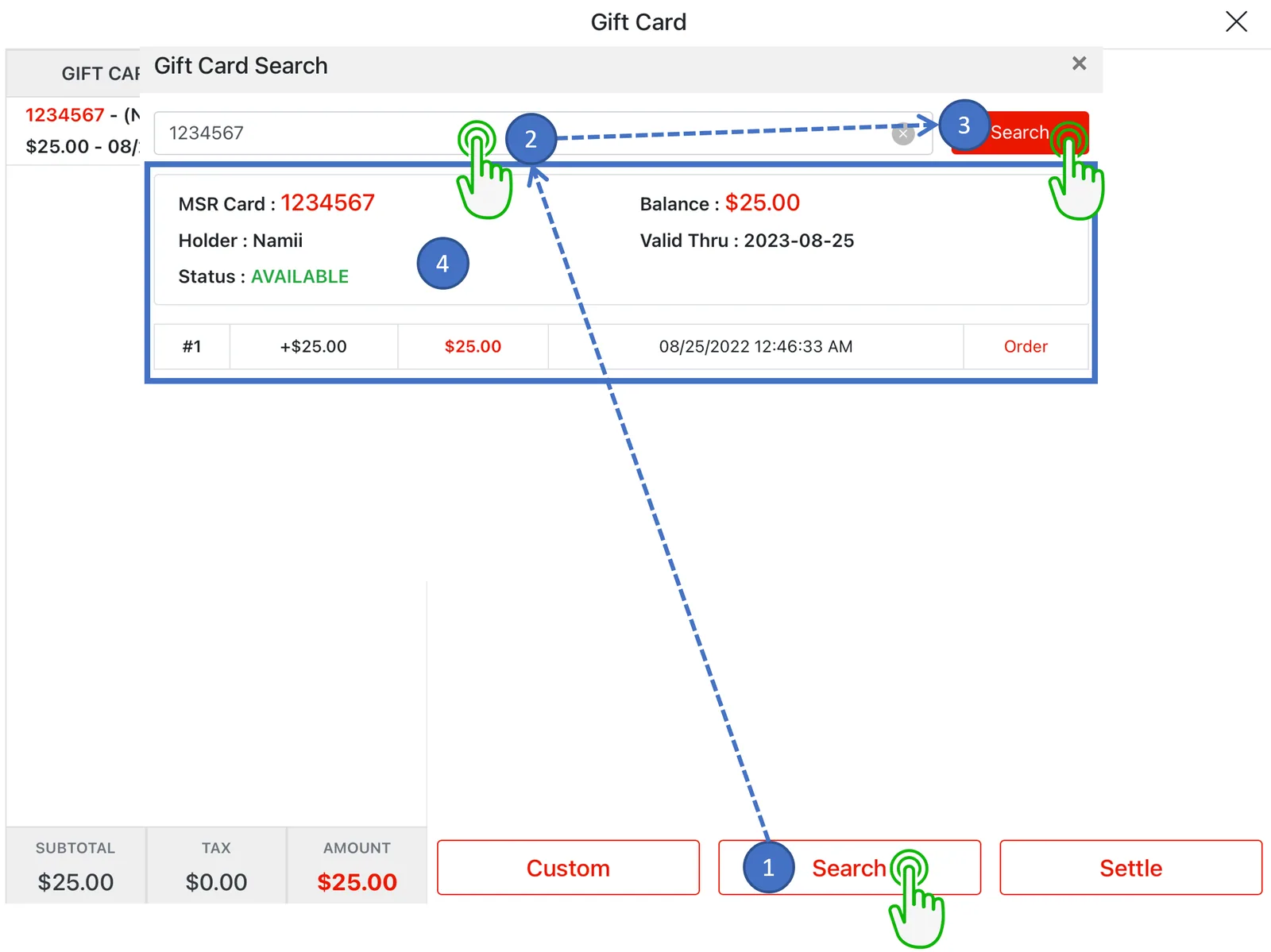 Adoluna POS screen – Search Gift Card (Selling & Reloading Gift Cards (POS): Searching Gift Card)