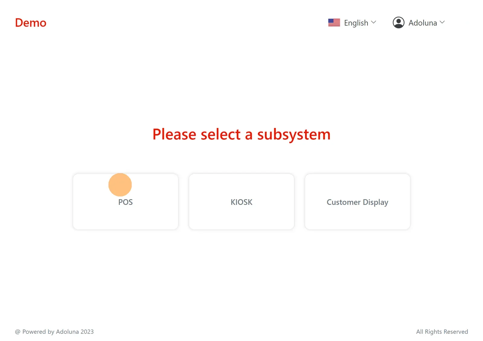 Adoluna POS screen – Select System (Device Binding)