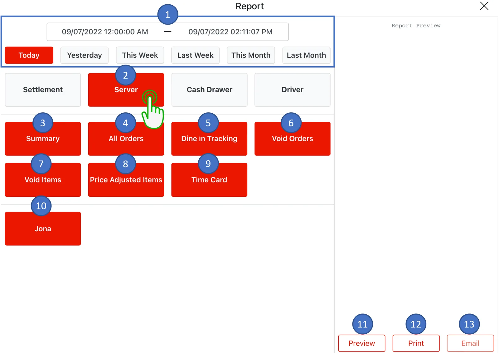 Adoluna POS screen – Server Report (Closing Procedures: Server Report)