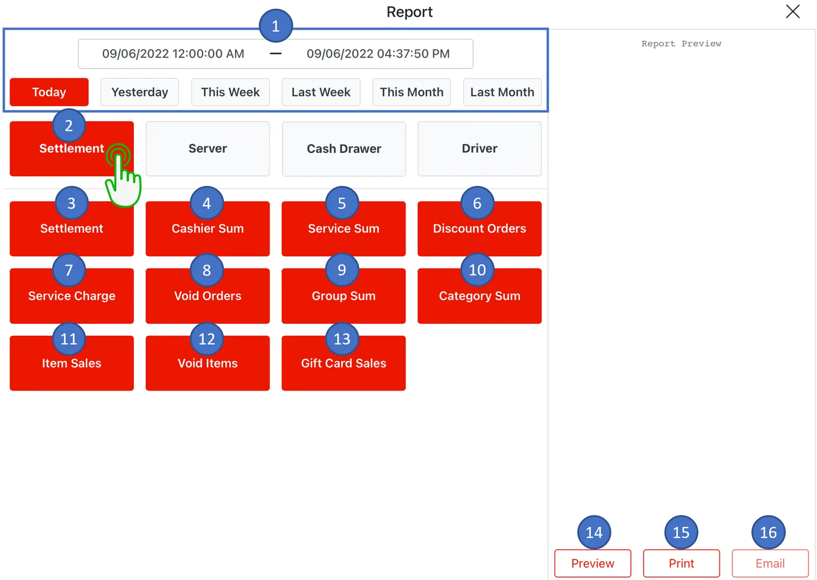 Adoluna POS screen – Settlement Report (Closing Procedures: Settlement Report)