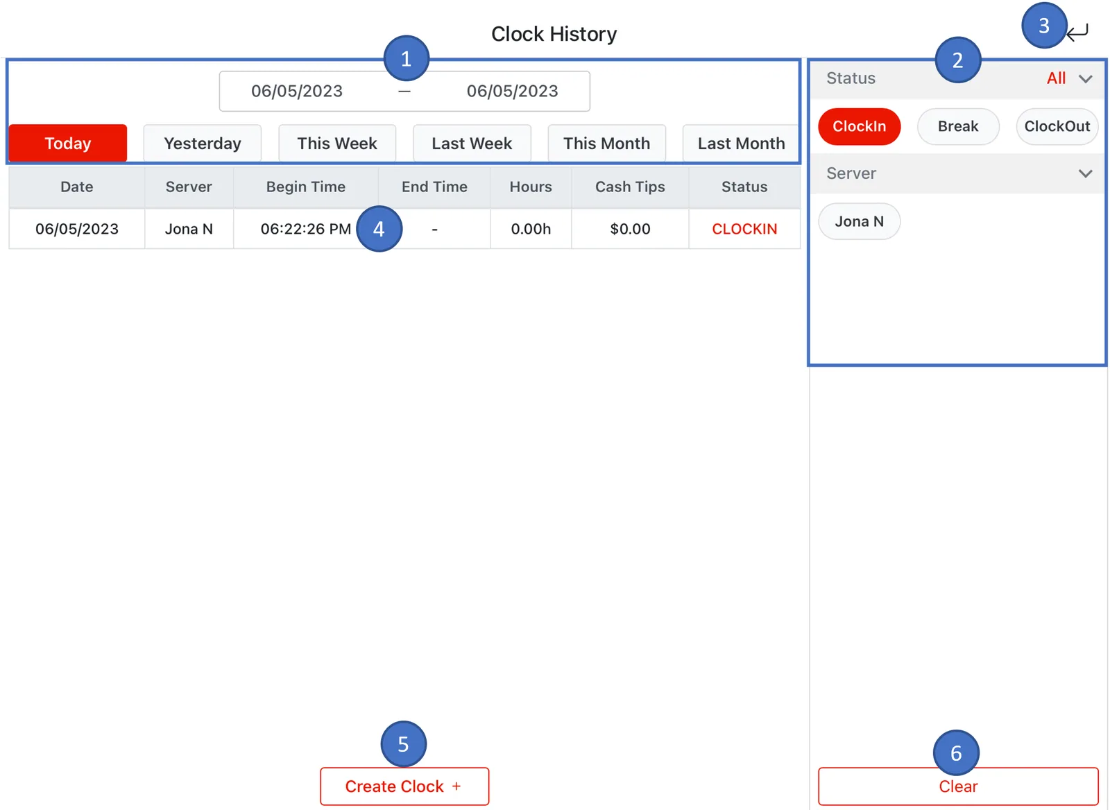 Adoluna POS screen – Time Card Center (Manage Time Cards: Access Time Card Management Center)