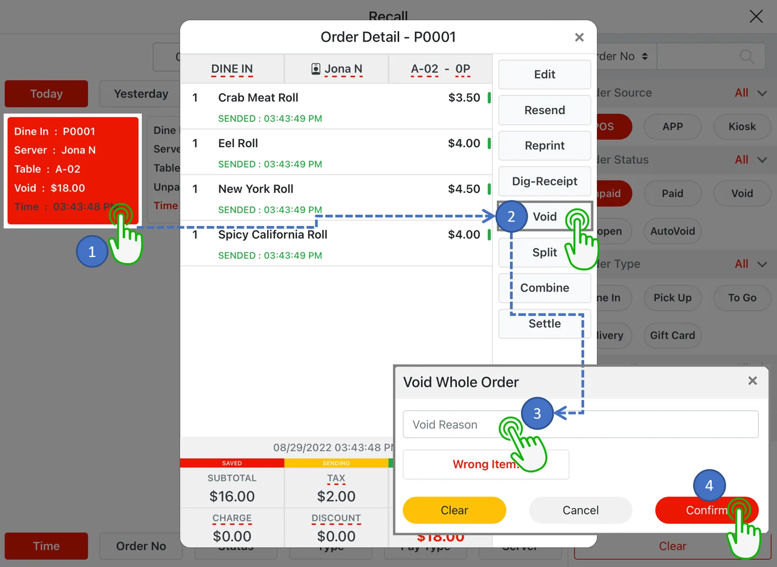 Adoluna POS screen – Void Order (Recall Operation: Voiding Unpaid Orders)
