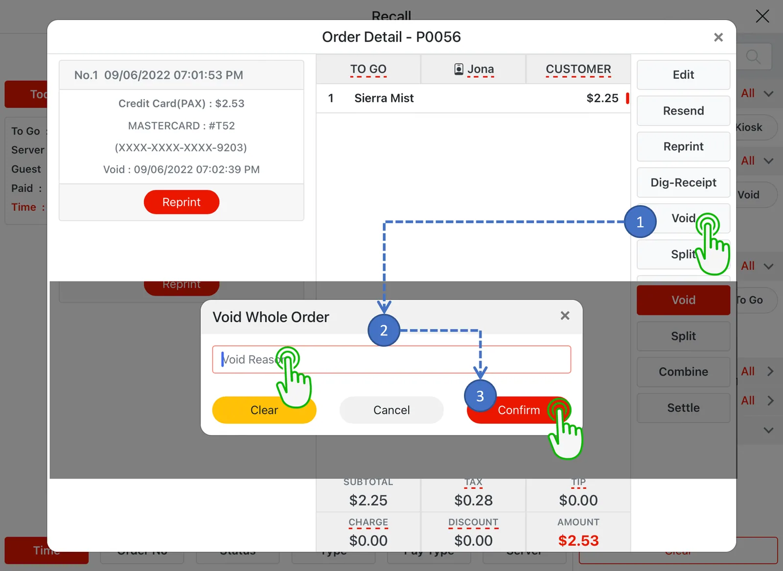 Adoluna POS screen – Void Order 2 (Recall Operation: Voiding Paid Orders)