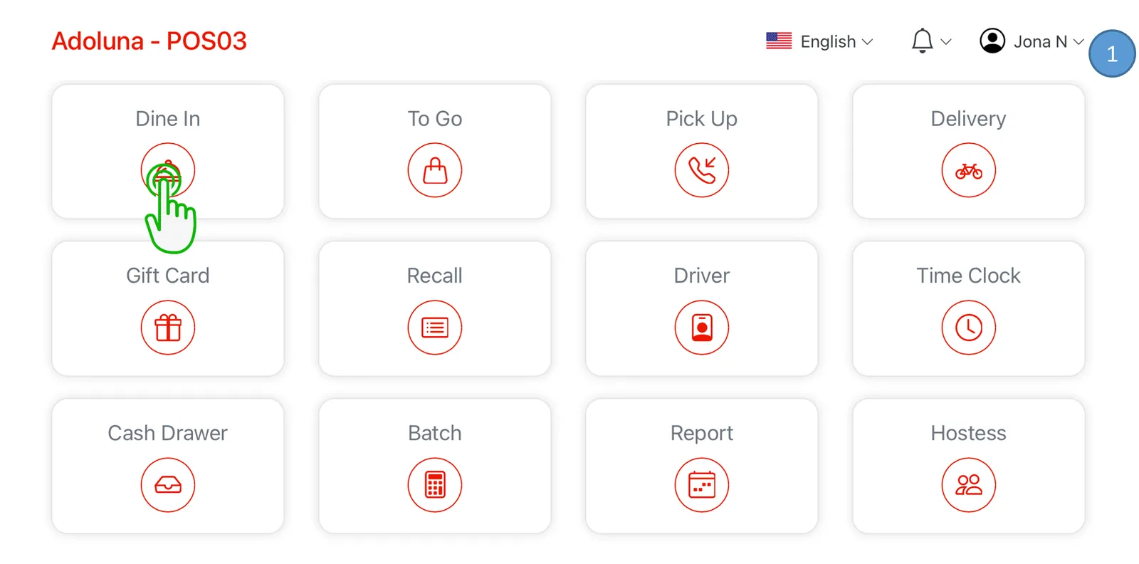 Adoluna POS screen – Dine In (Order Entry: Dine in Order)