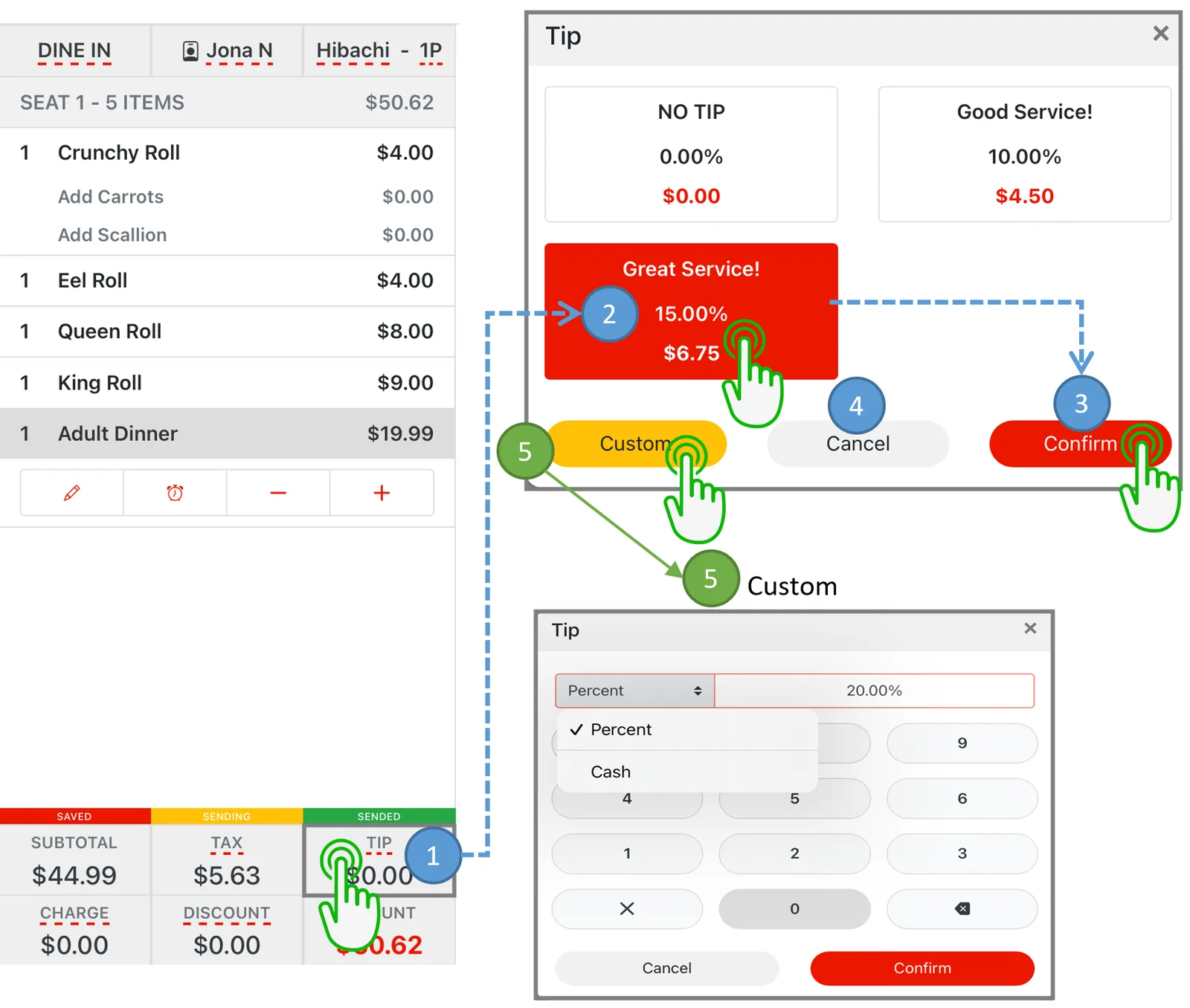 Adoluna POS screen – Add Tip (Order Entry: Add Tip to Receipt)