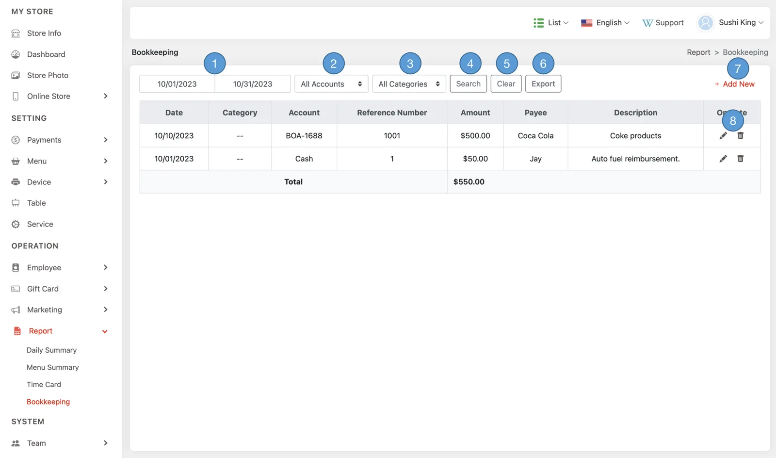 Adoluna Backoffice screen – Bookkeeping 1 (Report: Bookkeeping)