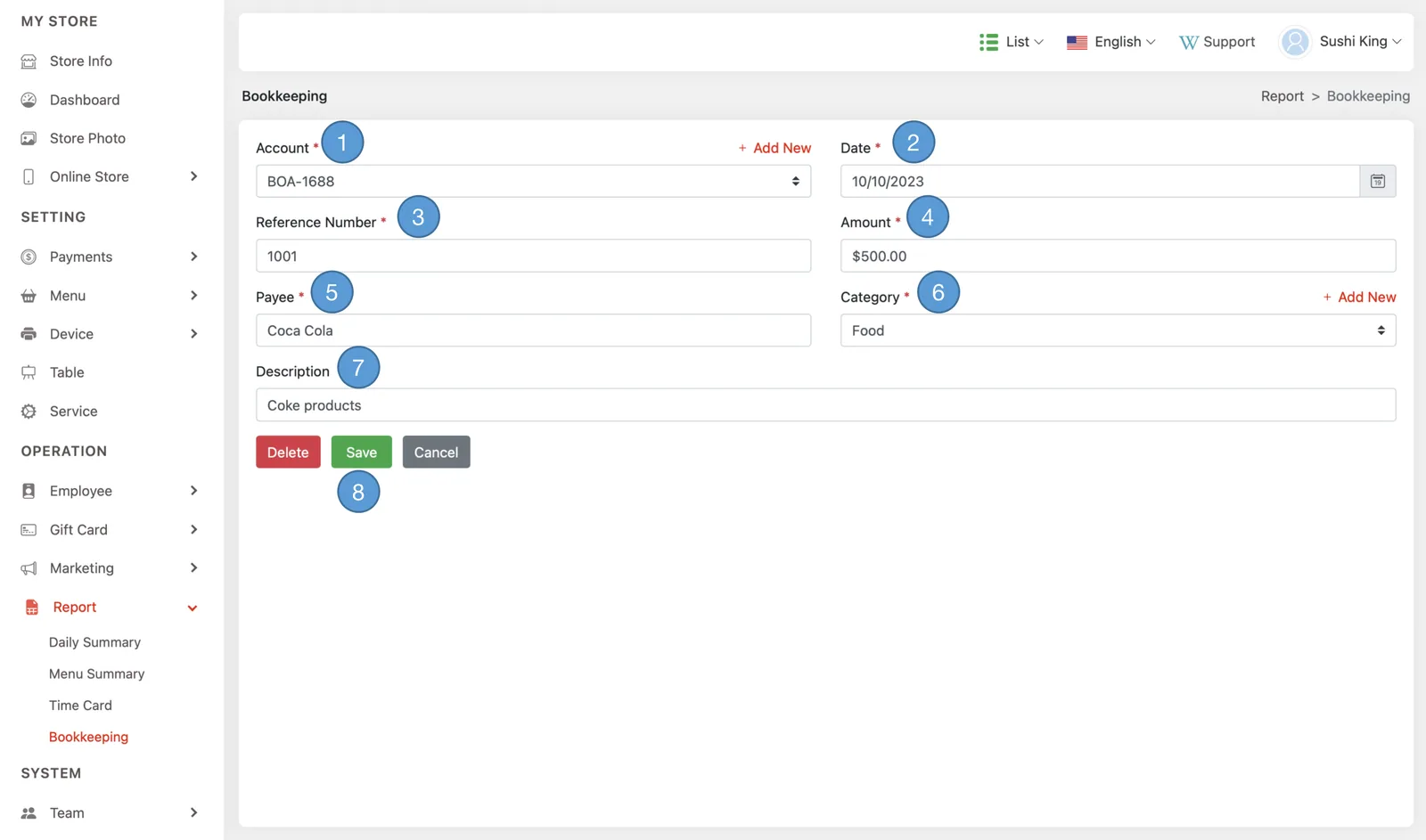 Adoluna Backoffice screen – Bookkeeping 2 (Report: Bookkeeping)
