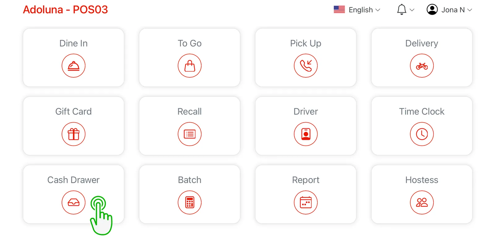Adoluna POS screen – Cash Drawer 1 (Closing Procedures: Cashier Out Process)