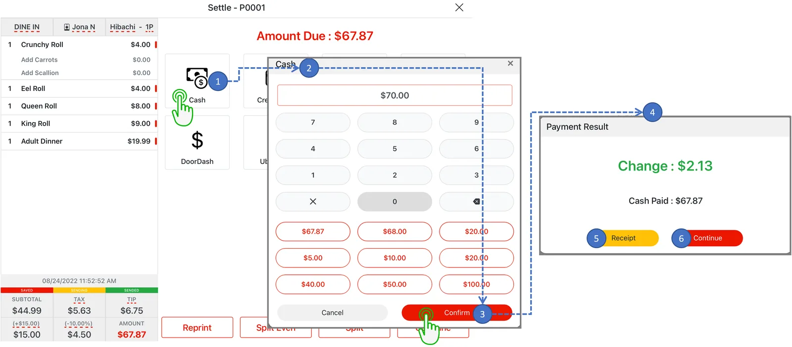 Adoluna POS screen – Cash Payment (Order Settlement Procedures: Cash Payment Process)