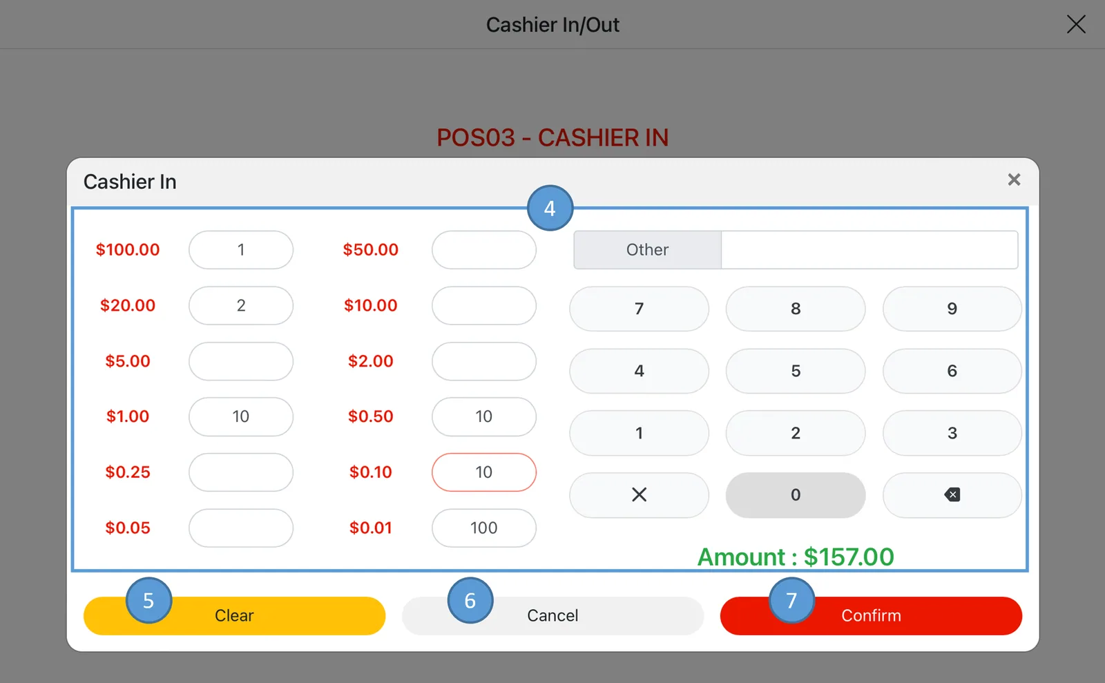 Adoluna POS screen – Cashier In 2 (Opening Procedures: Cashier In Process)