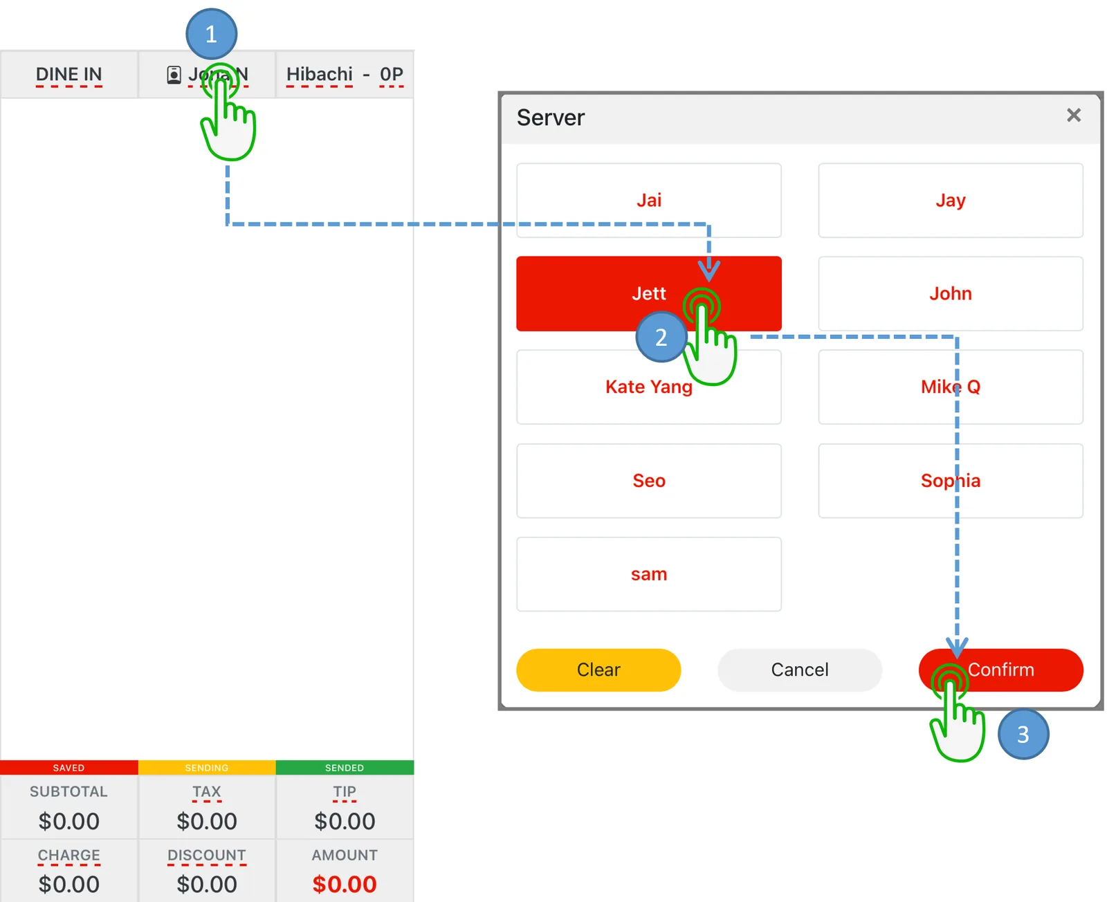 Adoluna POS screen – Change Server (Order Entry: Change Server)