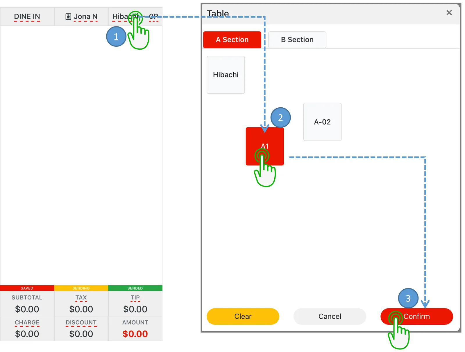 Adoluna POS screen – Change Table (Order Entry: Change Table)