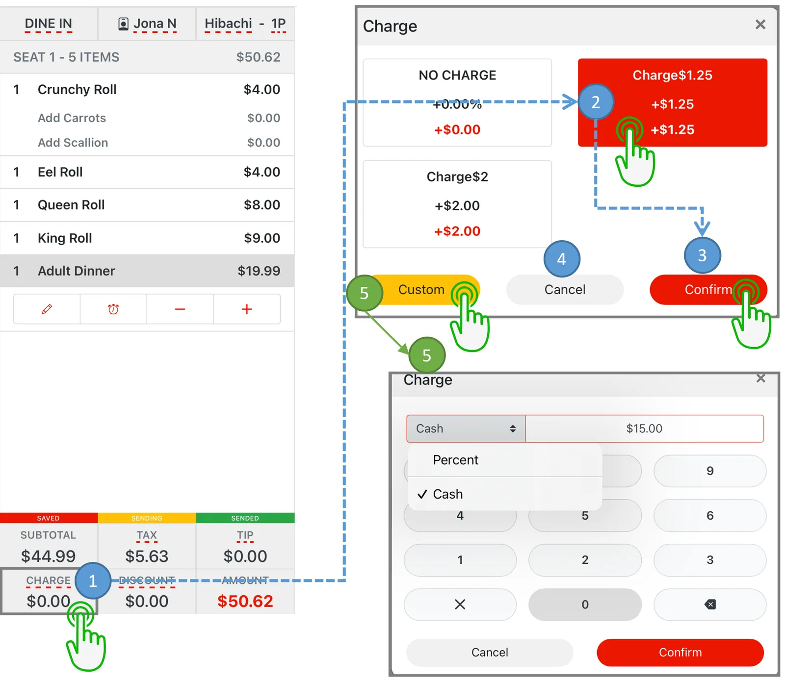 Adoluna POS screen – Charge (Order Entry: Apply Charge to Receipt)