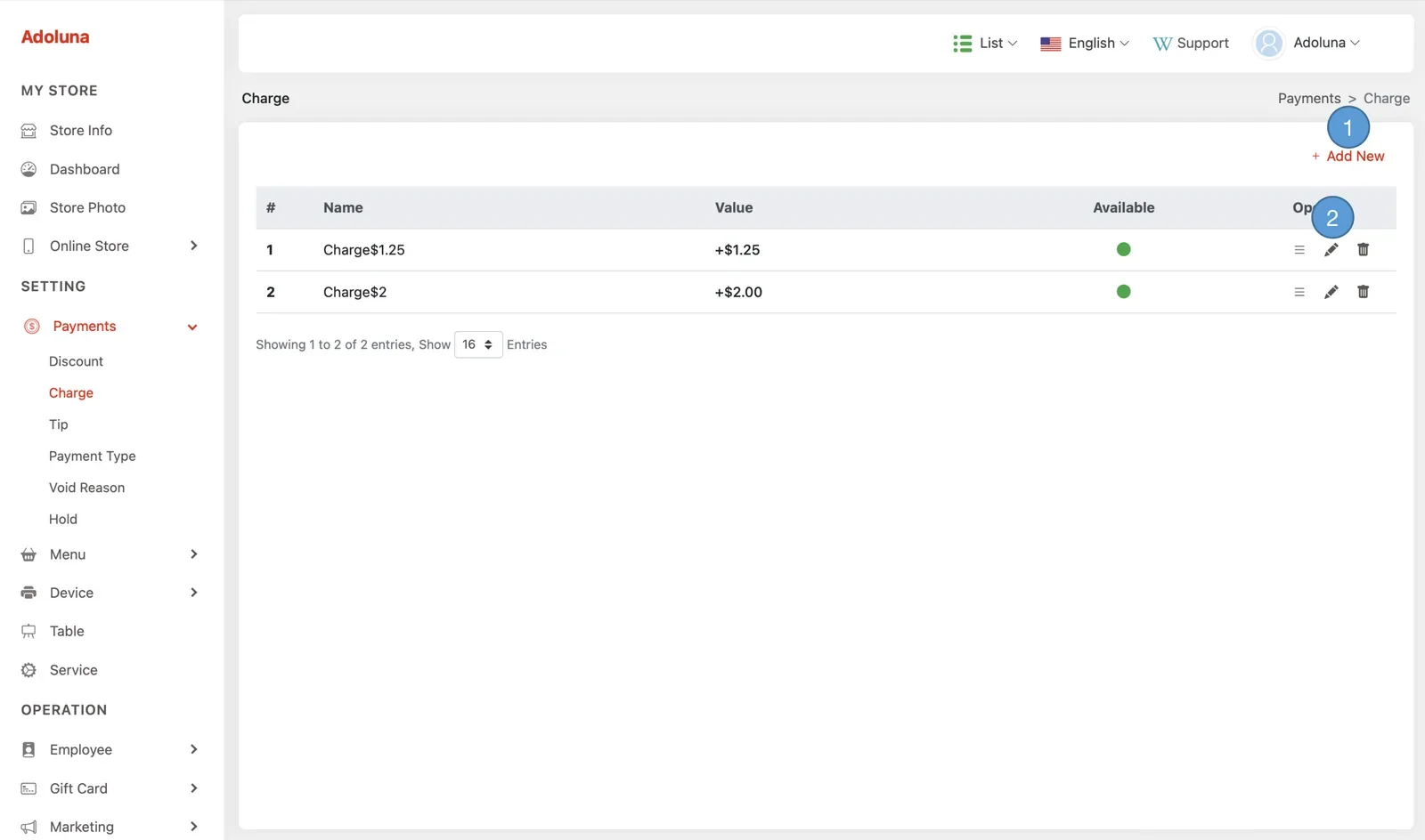 Adoluna Backoffice screen – Charge 1 (Payments: Surcharges)