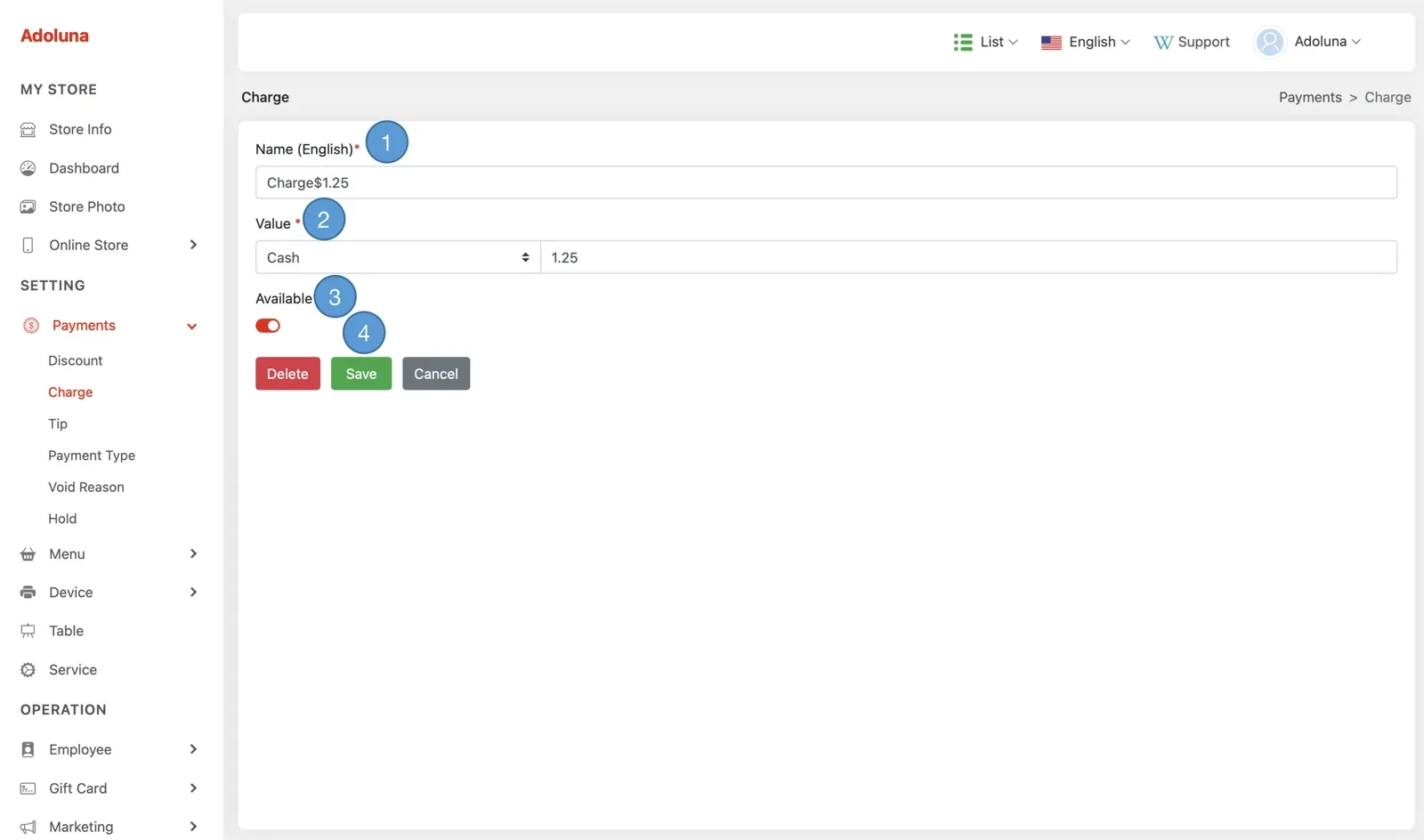 Adoluna Backoffice screen – Charge 2 (Payments: Surcharges)