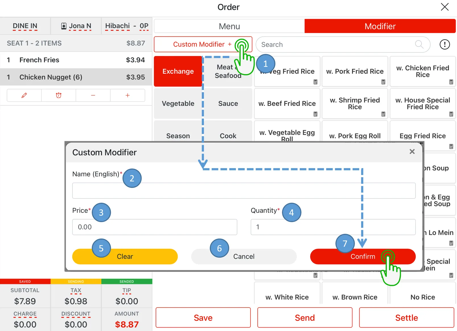 Adoluna POS screen – Custom Modifier (Order Entry: Custom Modifier)