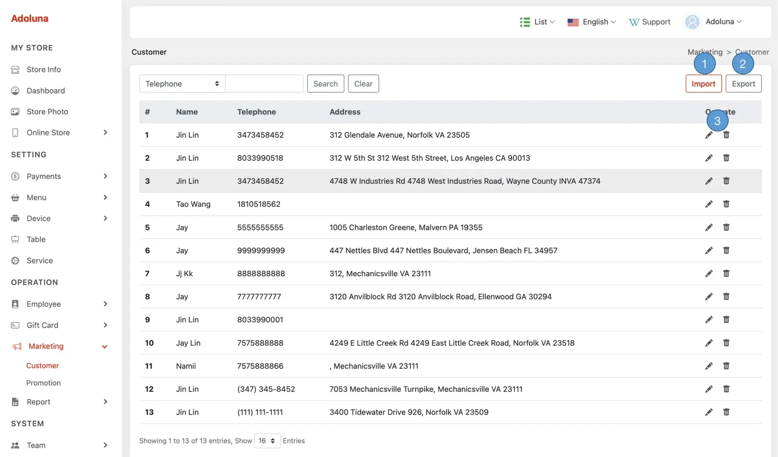Adoluna Backoffice screen – Customer 1 (Marketing: Customer)