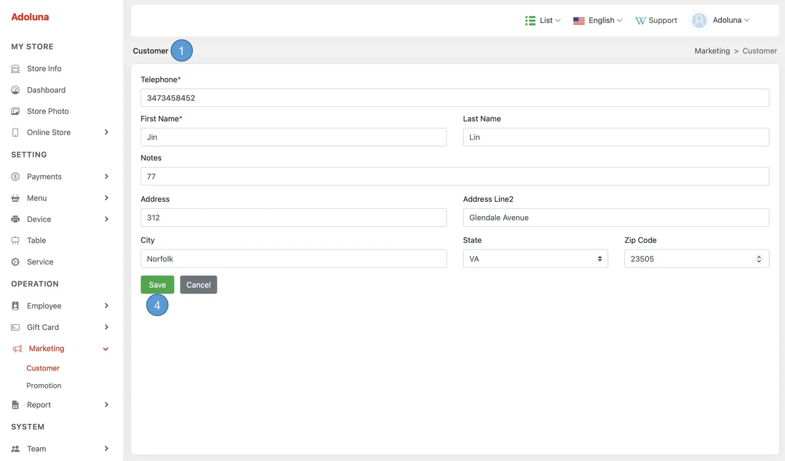 Adoluna Backoffice screen – Customer 2 (Marketing: Customer)
