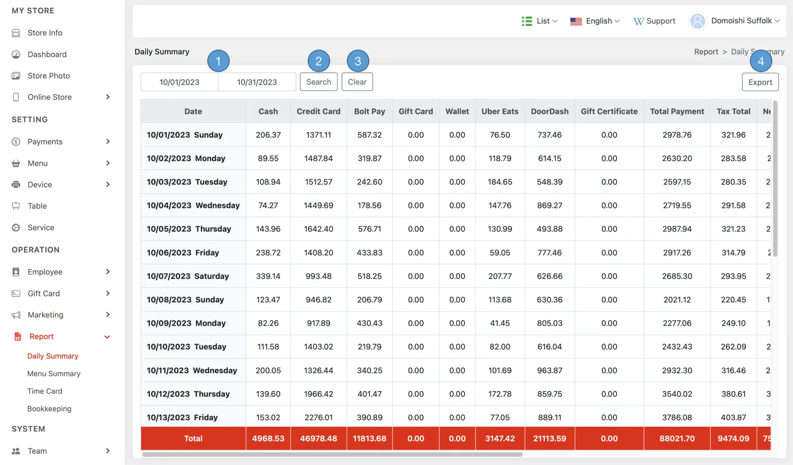 Adoluna Backoffice screen – Daily Summary (Report: Daily Summary)