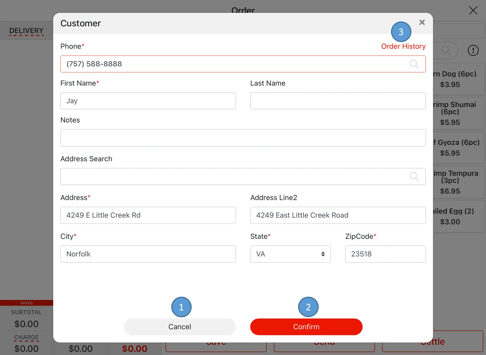 Adoluna POS screen – Delivery 1 1 (Order Entry: Delivery Order)