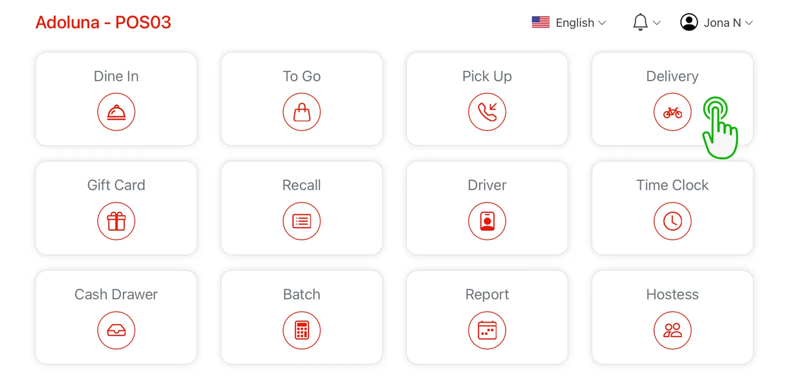 Adoluna POS screen – Delivery 1 (Order Entry: Delivery Order)