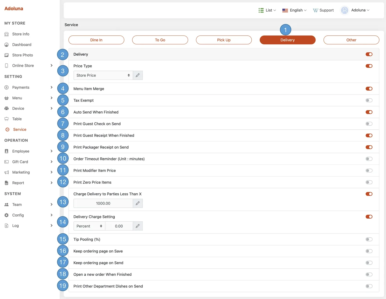 Adoluna Backoffice screen – Delivery (Services: Delivery)