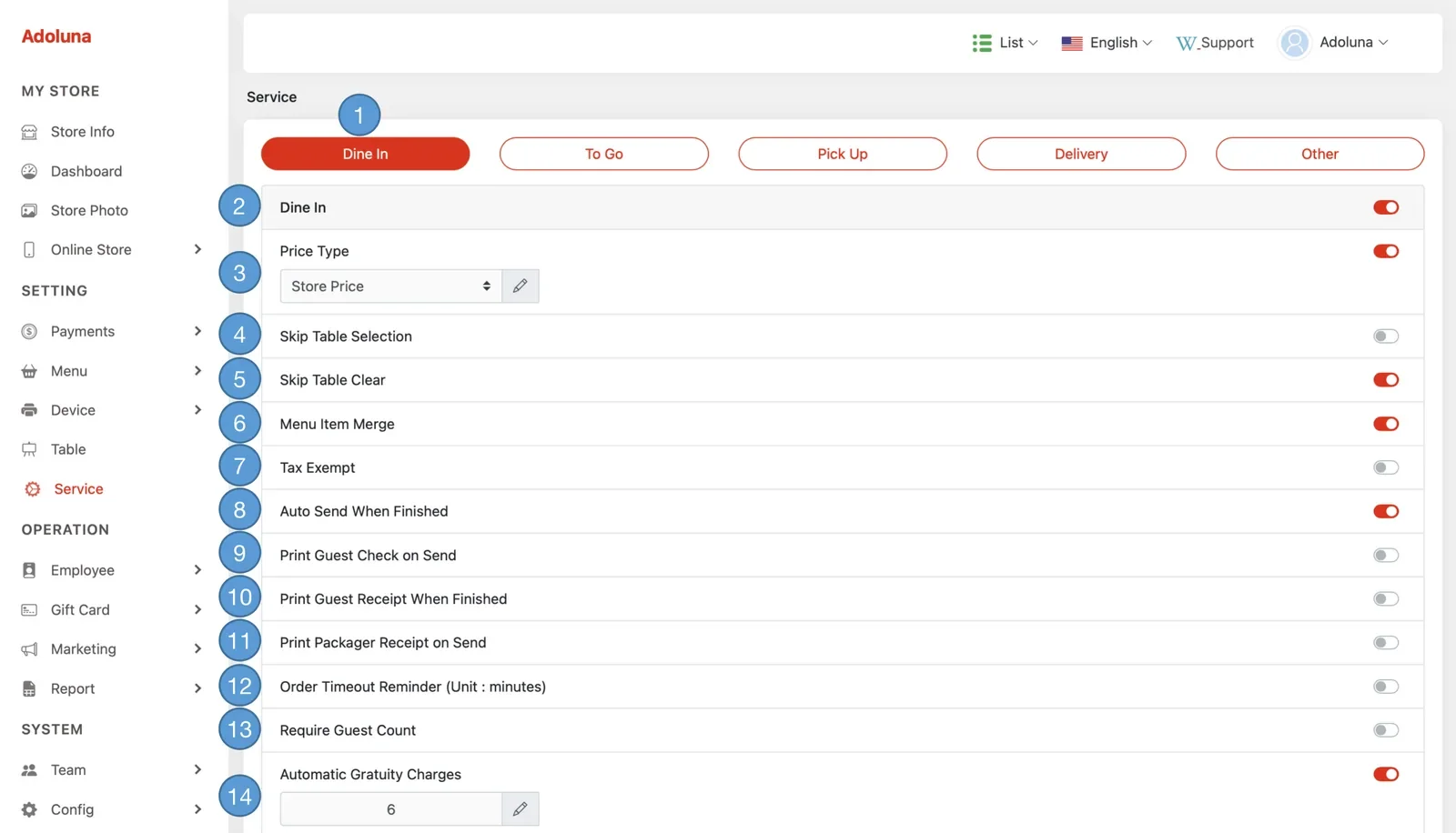 Adoluna Backoffice screen – Dine In 1 (Services: Dine In)